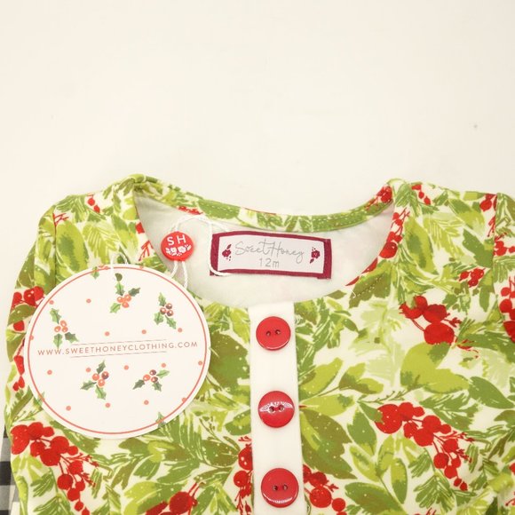 NWT Sweet Honey Christmas Pajamas Holiday Outfit 12 Months Girl Buffalo Check - Picture 9 of 9